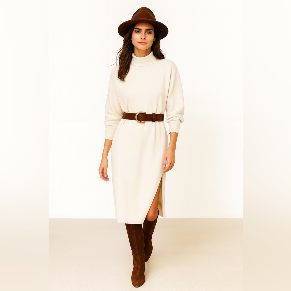 Wilfred 100% Merino Wool Cream Mock Neck Sweater Dress w/ Front Slit – Size S - Picture 1 of 10